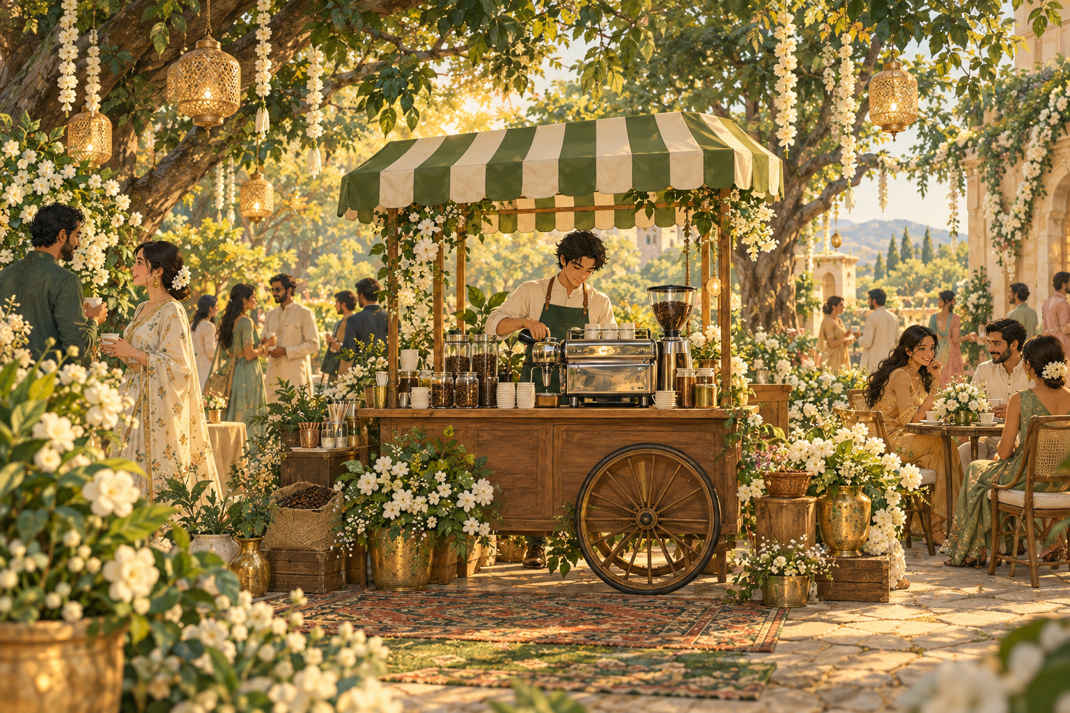 Storybook illustration of a charming coffee kiosk beneath a striped canopy in a sunlit garden party
